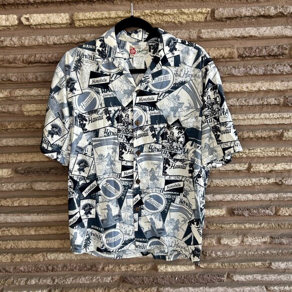 Hilo Hattie Men's Vintage Hawaiian Blue Postcard Scenic Aloha Shirt Size S - Picture 2 of 11